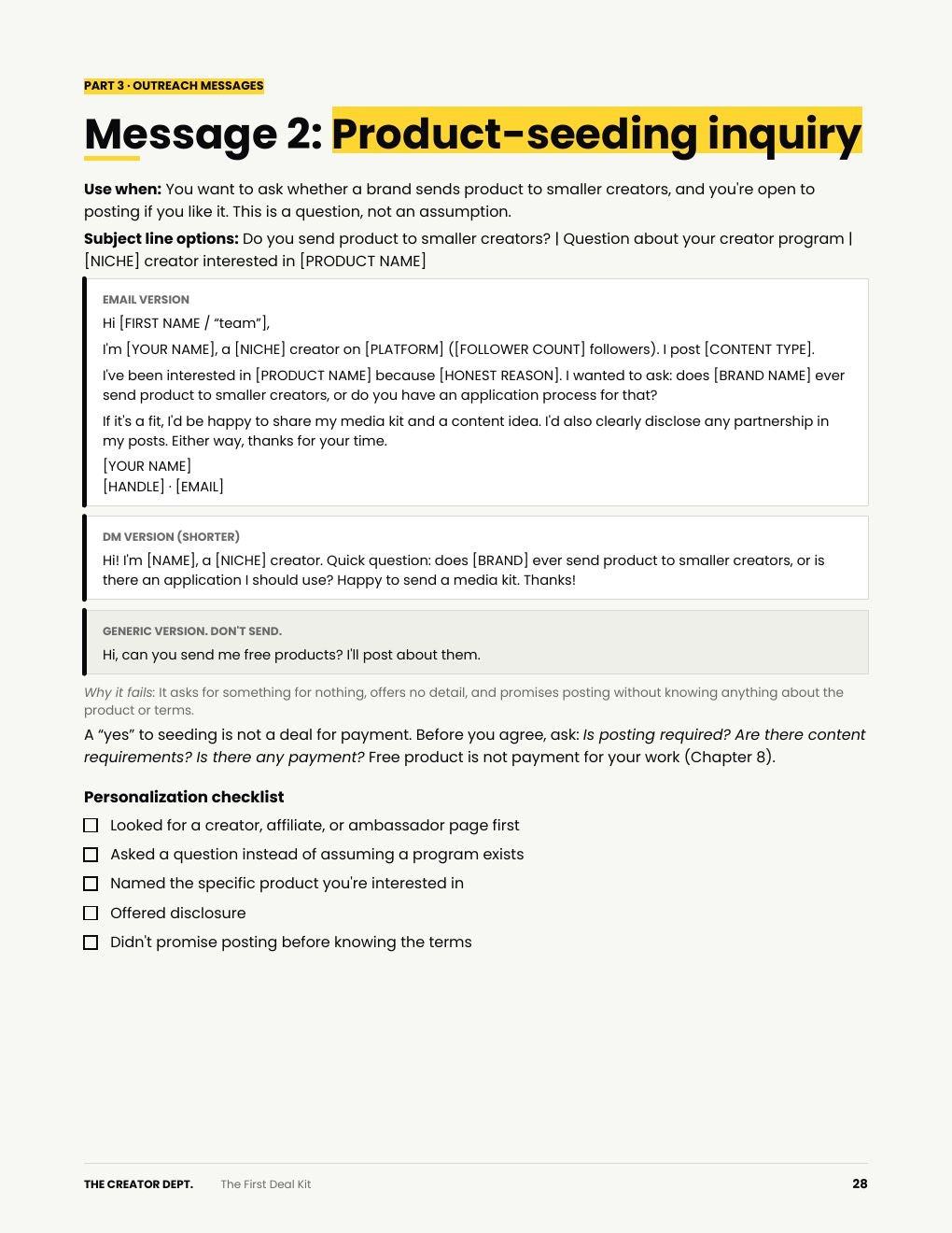 Page 28 of the PDF: product-seeding outreach message